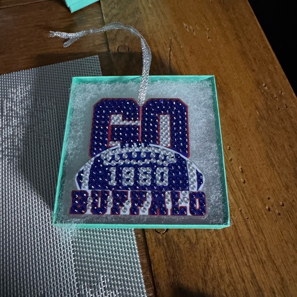 Buffalo Football Ornament with Blue and Red Accents